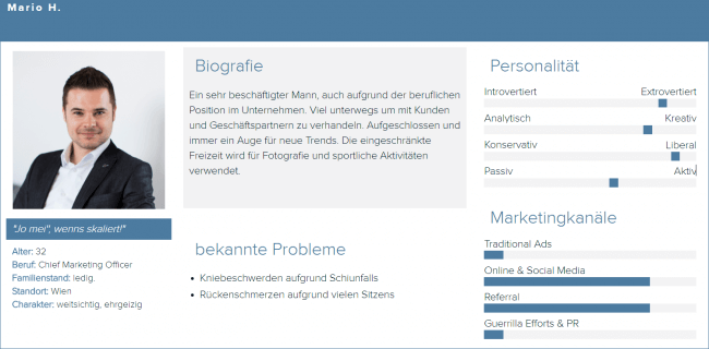 Eine Persona hilft dabei, sich in potenzielle Kunden hineinzuversetzen (Entworfen mit xtensio.com)