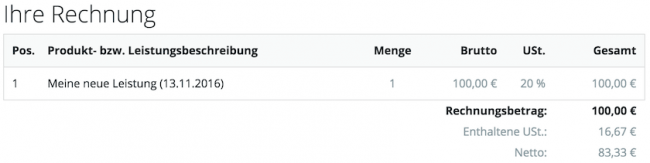 Der Bruttobetrag von Einzelleistungen ist ab sofort pro Zeile angeführt. Die enthaltene Umsatzsteuer findet sich am Ende der Rechnung.