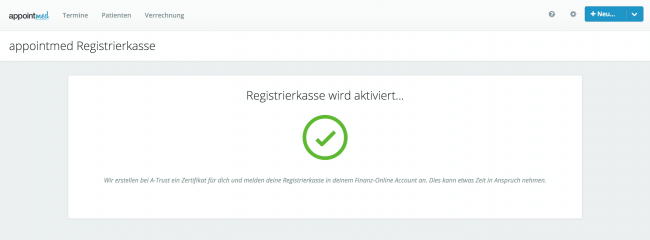 Erfolgreiche Aktivierung der appointmed Registrierkasse gemäß RKSV 2017.