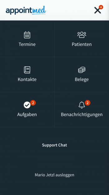 Mobiles Hauptmenü in appointmed