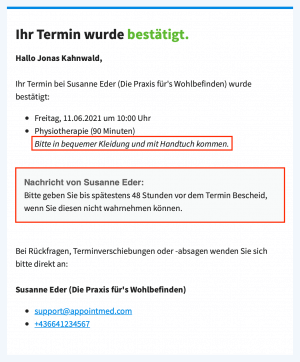 E-Mil zur Terminbestätigung bei einer online Buchung