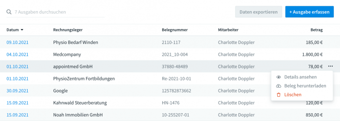 Liste von erfassten Ausgaben in appointmed