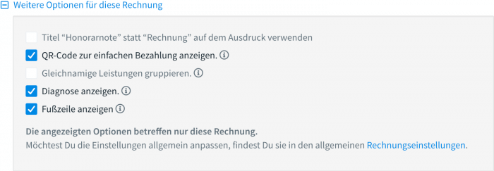 Weitere Optionen für Rechnungen