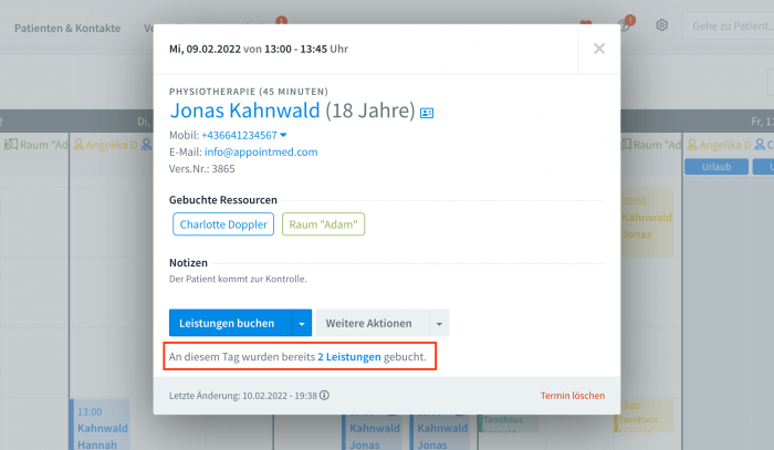Anzeige bereits gebuchter Leistungen im Terminfenster