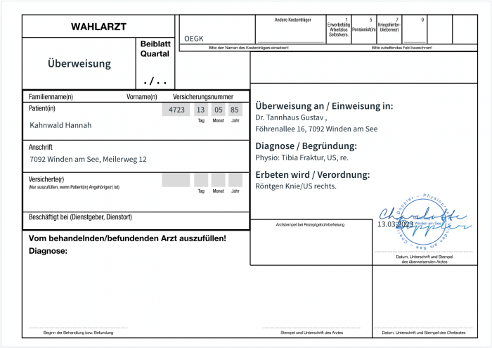 Überweisungsschein mit Stempel & Unterschrift