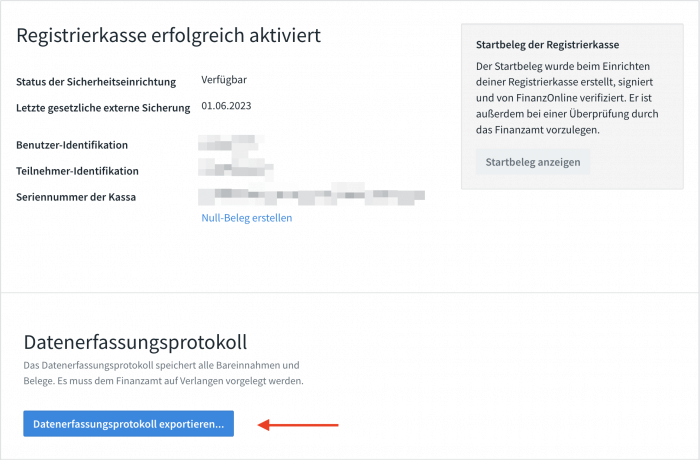 Registrierkasse Datenerfassungsprotokoll exportieren