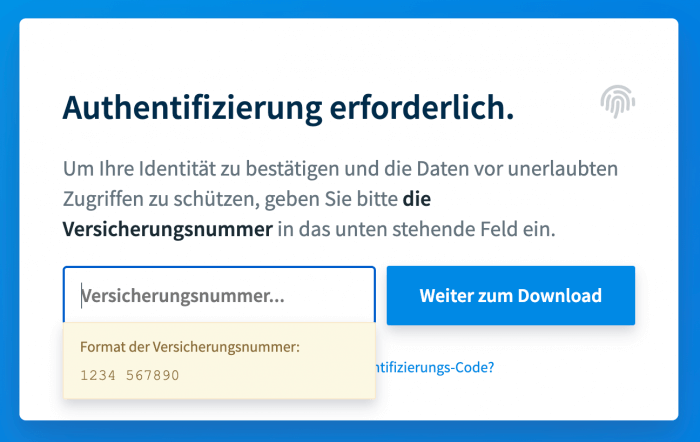 Hinweis auf das korrekte Format der Versicherungsnummer