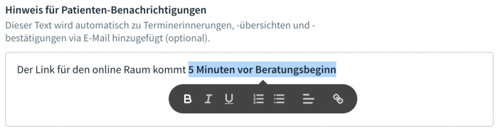 Formatierung für Hinweis für Patientenbenachrichtigung