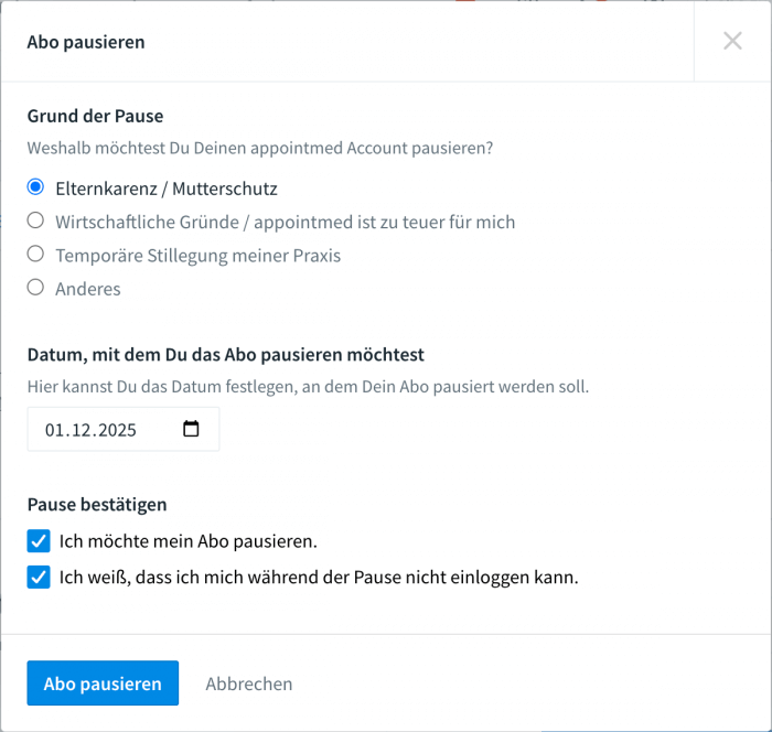 appointmed Abo pausieren