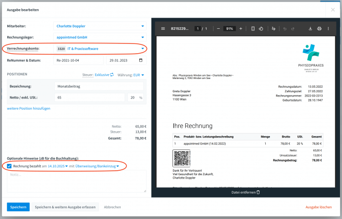 Ausgaben mit Verrechnungskonto und Zahlungsstatus