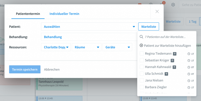 Warteliste im Terminfenster