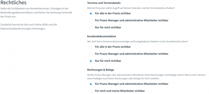Sichtbarkeit Einstellungen für Selbstständige