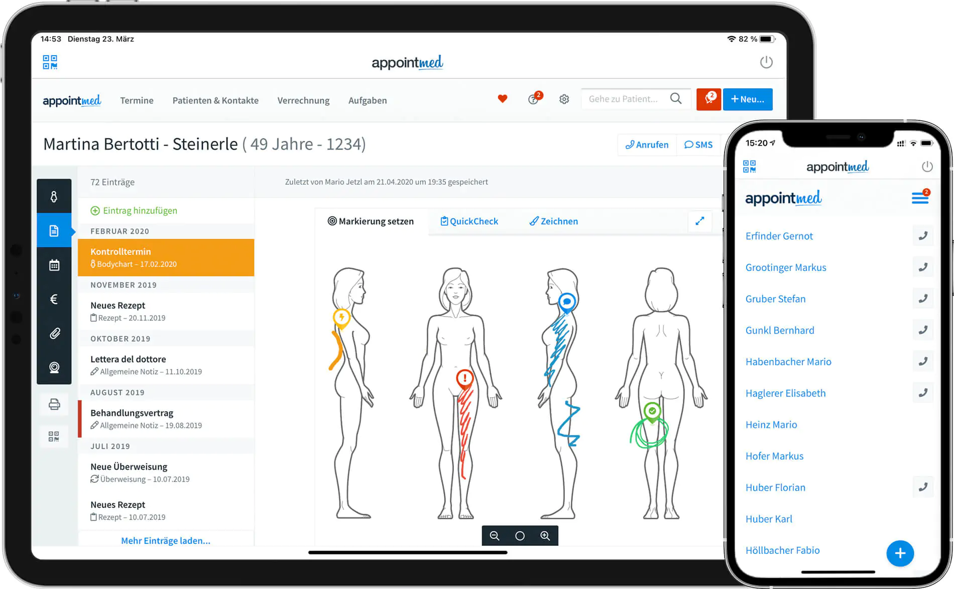 Patientenakte mit Bodychart am Tablet und Smartphone