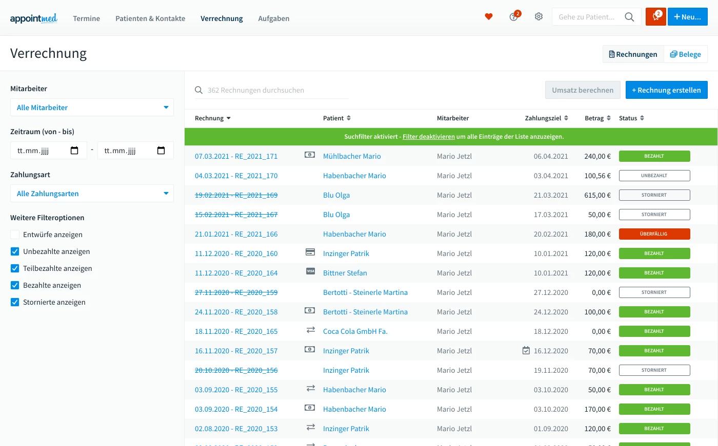 Übersicht Rechnungen mit Filter - appointmed